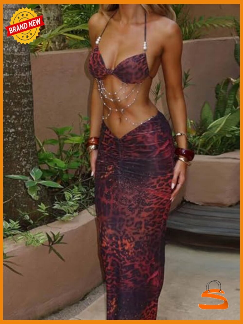 Sexy 2 Piece Maxi Skirt Set Ruched Backless Crop Top Cut Out Skirt - Picture 5 of 7